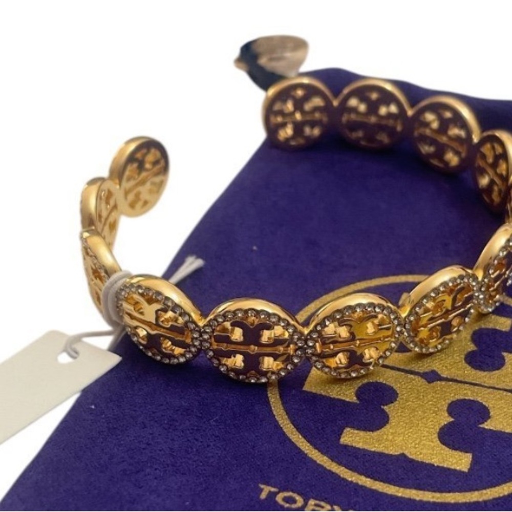 Tory Burch Gold Medallion Open Cuff Bracelet with Crystal Accents - Picture 2 of 4